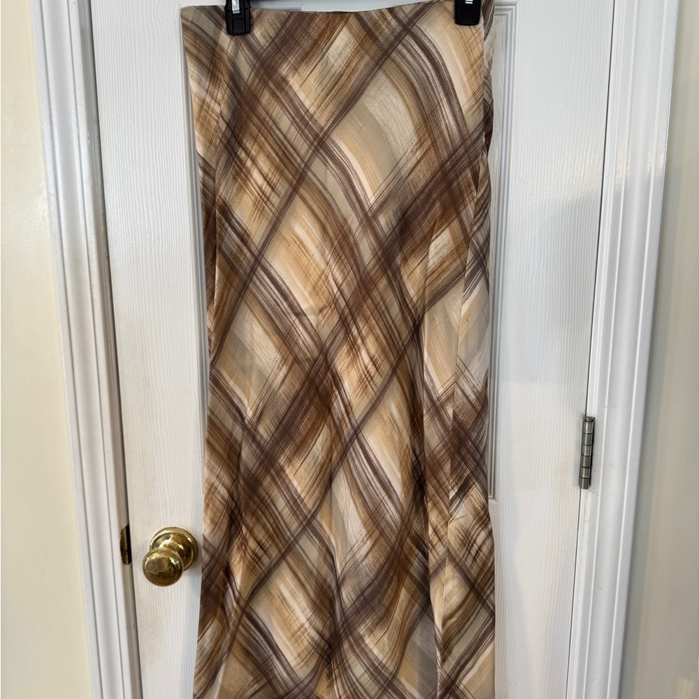 ZARA Satin Bias Cut Midi Skirt Plaid Brown Neutral XS NWT 90s Y2K Minimalist - Picture 4 of 10